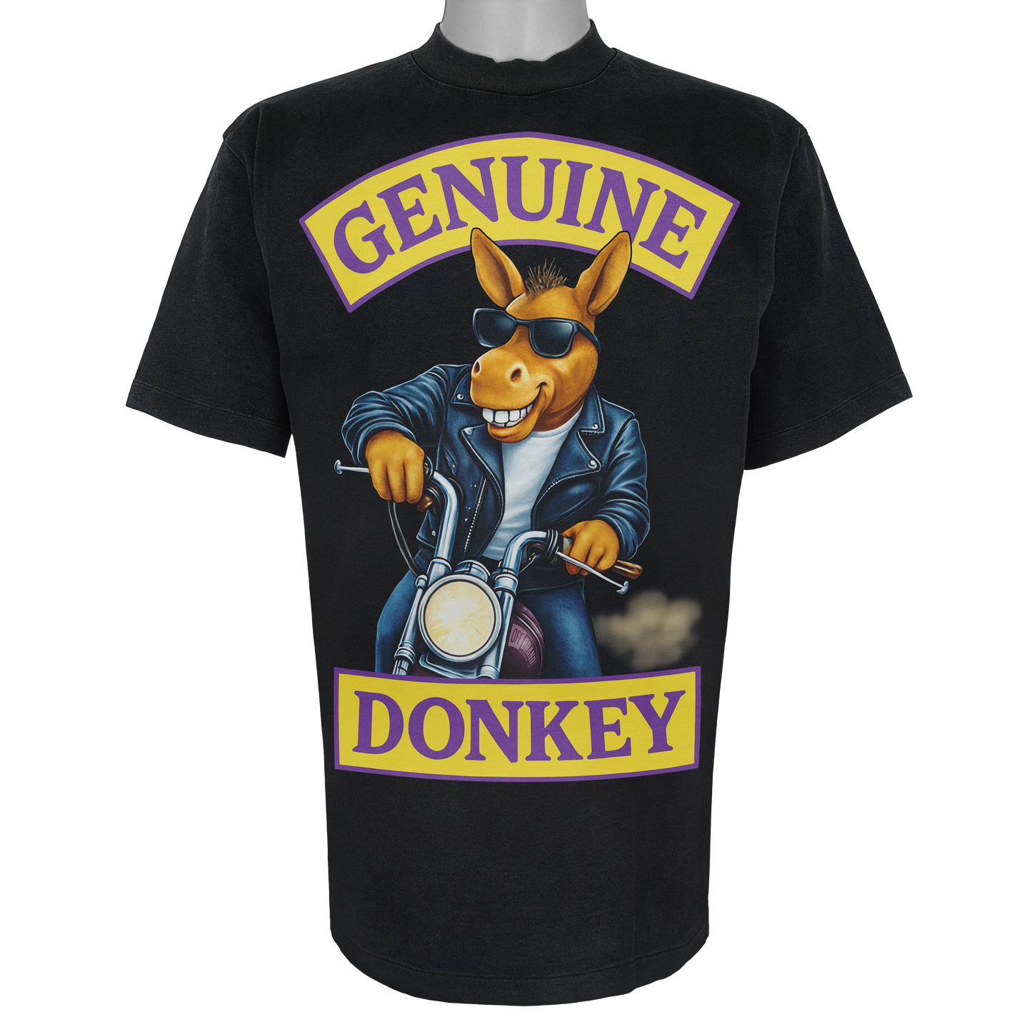 Genuine Donkey parody t-shirt featuring a donkey in a leather jacket on a motorcycle on a Vintage Black tee.
