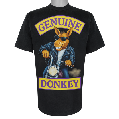 Genuine Donkey parody t-shirt featuring a donkey in a leather jacket on a motorcycle on a Vintage Black tee.