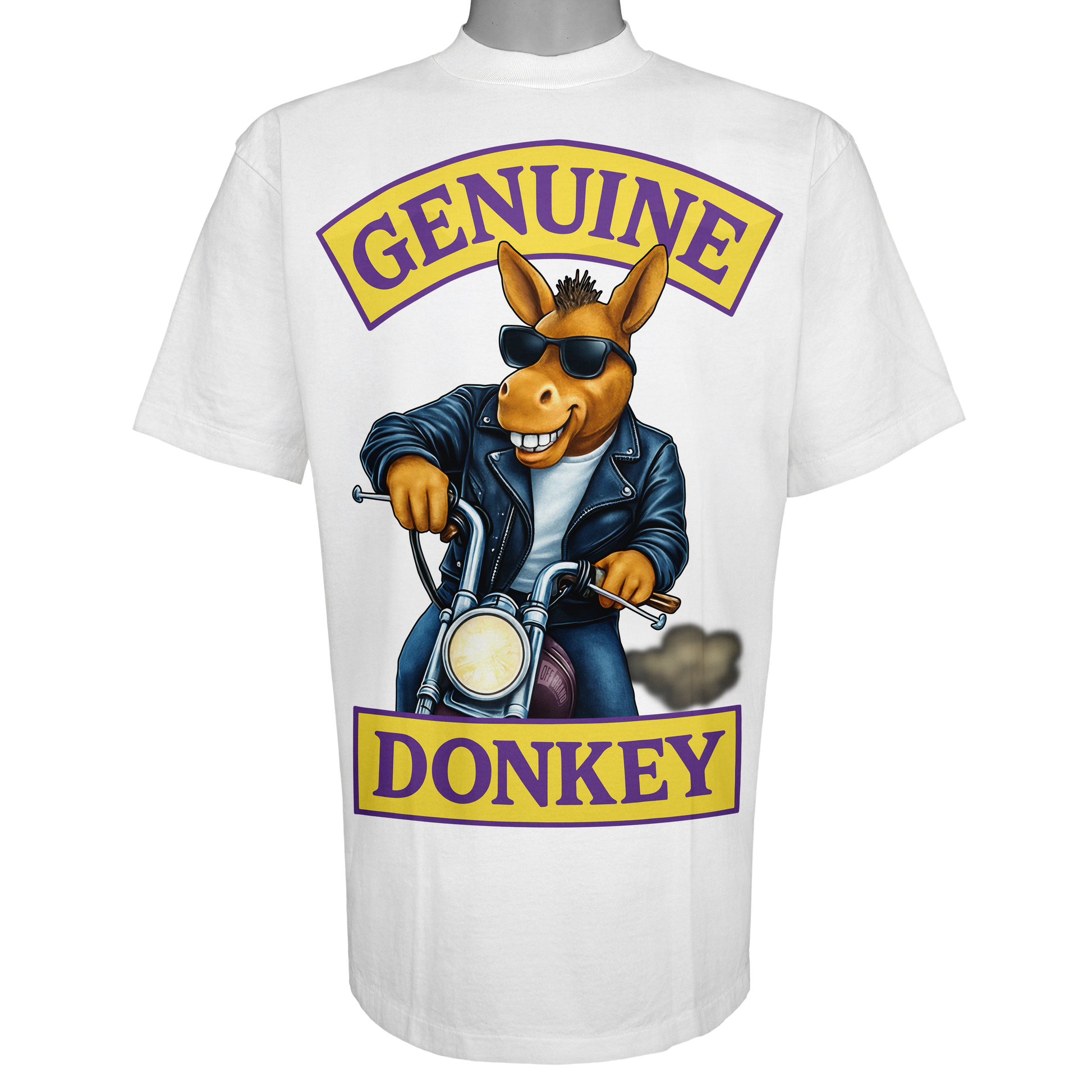 Genuine Donkey parody t-shirt featuring a donkey in a leather jacket on a motorcycle on a Vintage White tee.
