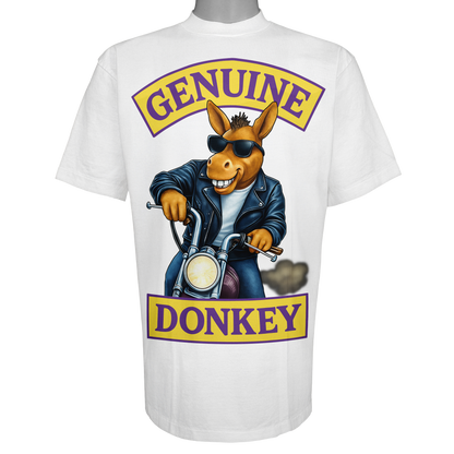 Genuine Donkey parody t-shirt featuring a donkey in a leather jacket on a motorcycle on a Vintage White tee.