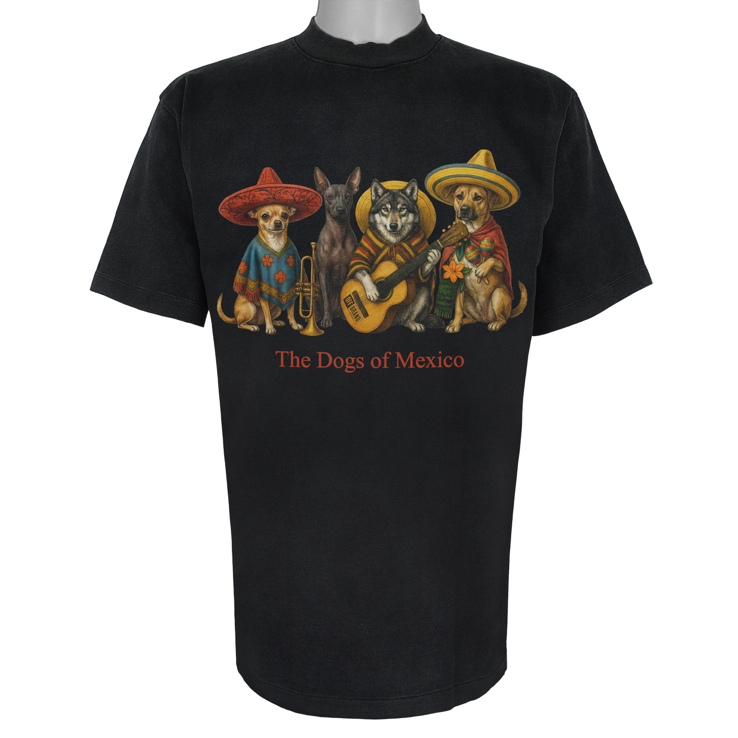 The Dogs of Mexico parody t-shirt inspired by traditional folk music, featuring original dog artwork on a Vintage Black tee.