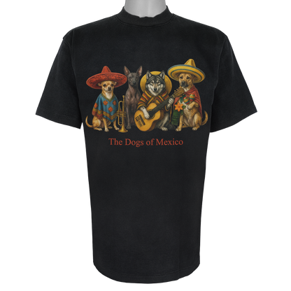 The Dogs of Mexico parody t-shirt inspired by traditional folk music, featuring original dog artwork on a Vintage Black tee.