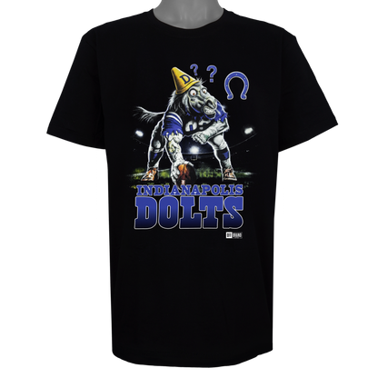 Indianapolis Dolts parody t-shirt inspired by Indianapolis football culture, featuring original dazed horse artwork on a Basic Black garment.