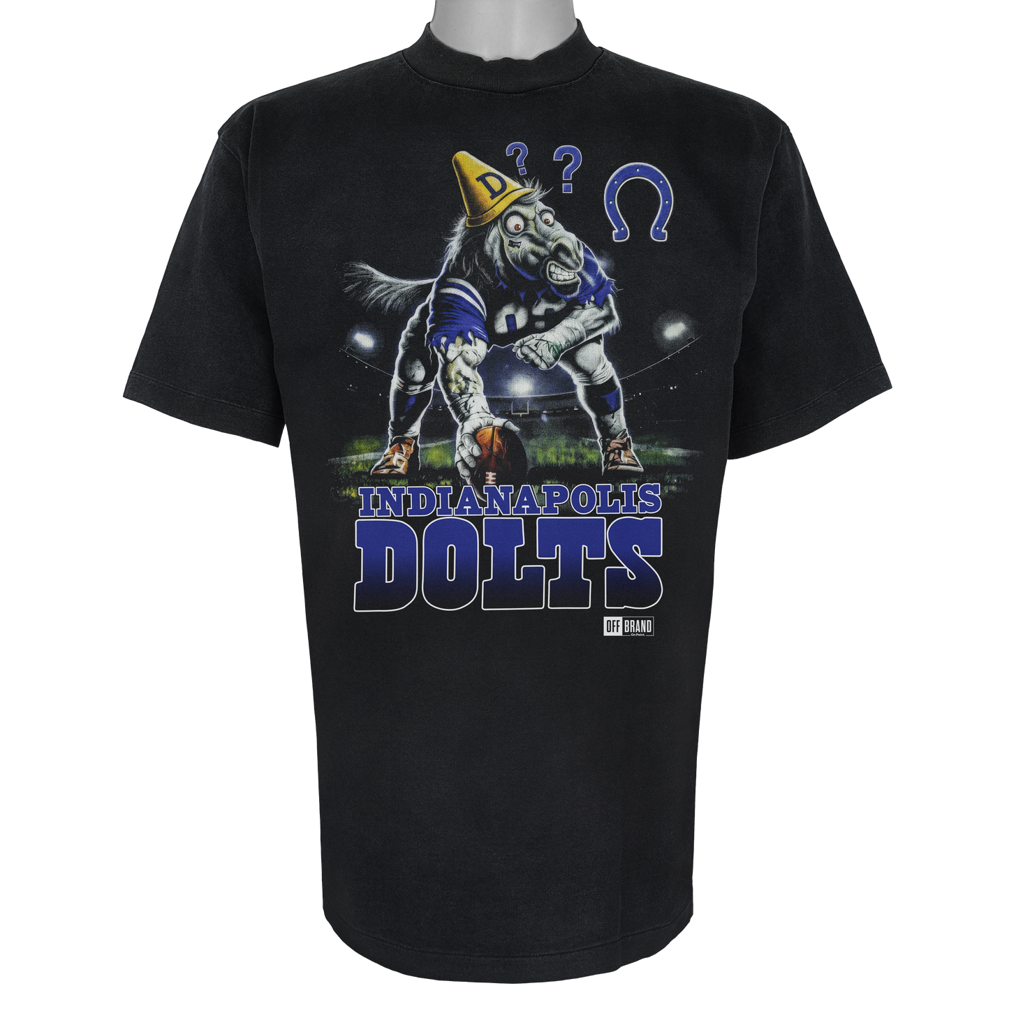 Indianapolis Dolts parody t-shirt inspired by Indianapolis football culture, featuring original dazed horse artwork on a Vintage Black garment.