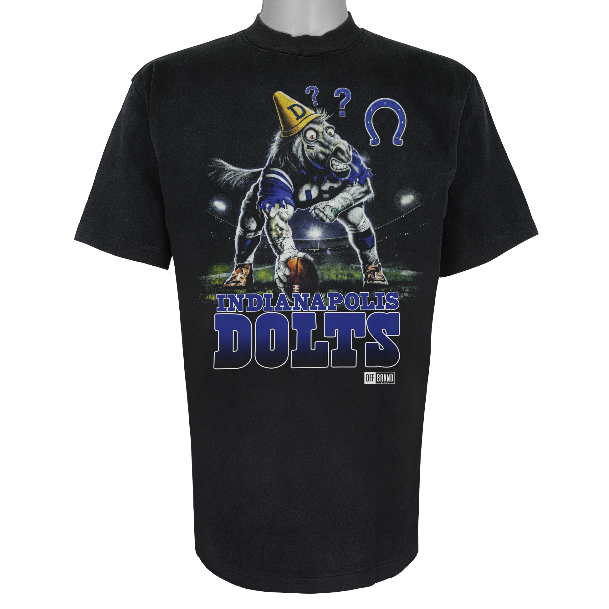Indianapolis Dolts parody t-shirt inspired by Indianapolis football culture, featuring original dazed horse artwork on a Vintage Black garment.
