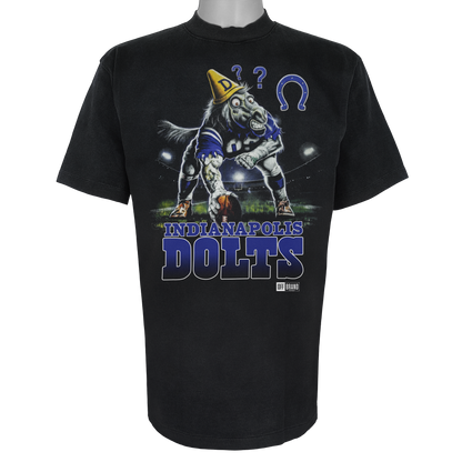 Indianapolis Dolts parody t-shirt inspired by Indianapolis football culture, featuring original dazed horse artwork on a Vintage Black garment.