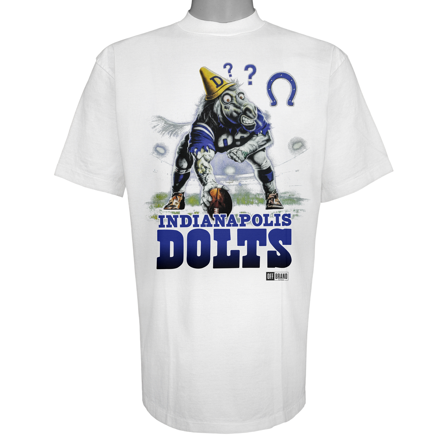 Indianapolis Dolts parody t-shirt inspired by Indianapolis football culture, featuring original dazed horse artwork on a Vintage White garment.