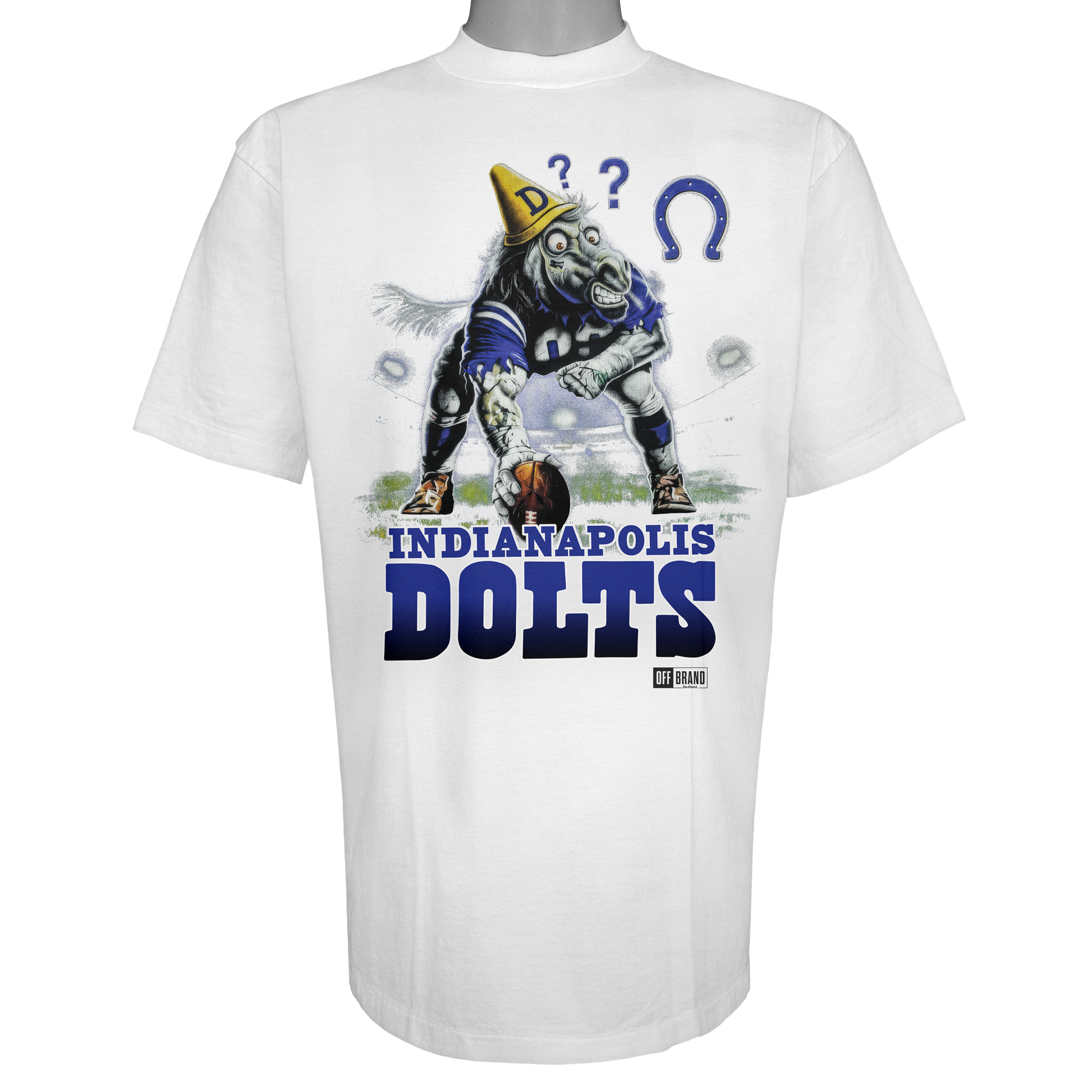 Indianapolis Dolts parody t-shirt inspired by Indianapolis football culture, featuring original dazed horse artwork on a Vintage White garment.