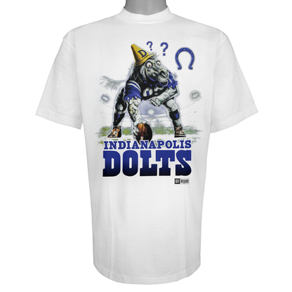 Indianapolis Dolts parody t-shirt inspired by Indianapolis football culture, featuring original dazed horse artwork on a Vintage White garment.