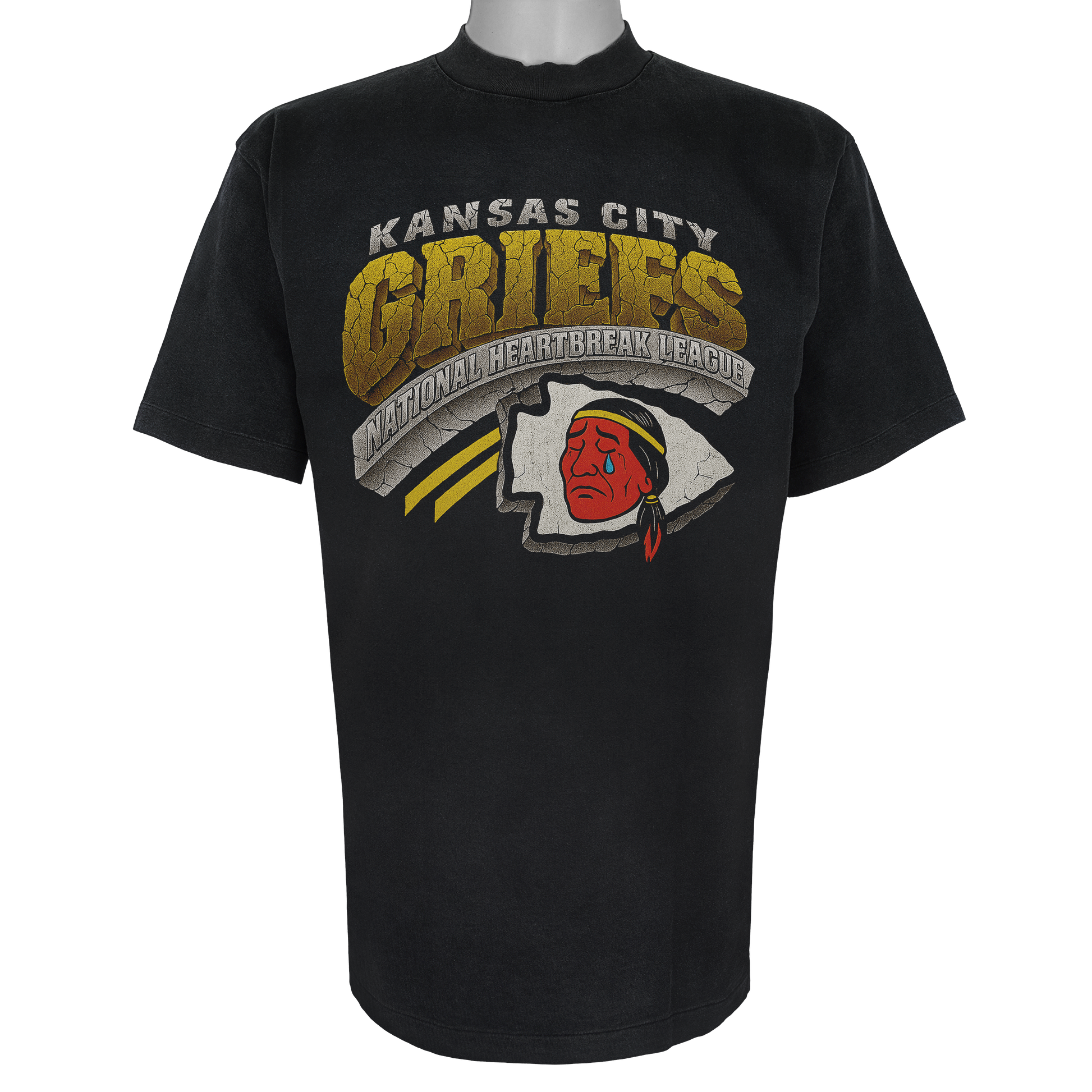 Kansas City Griefs parody t-shirt inspired by Kansas City Chiefs football culture, featuring original "crying" artwork on a Vintage Black garment.