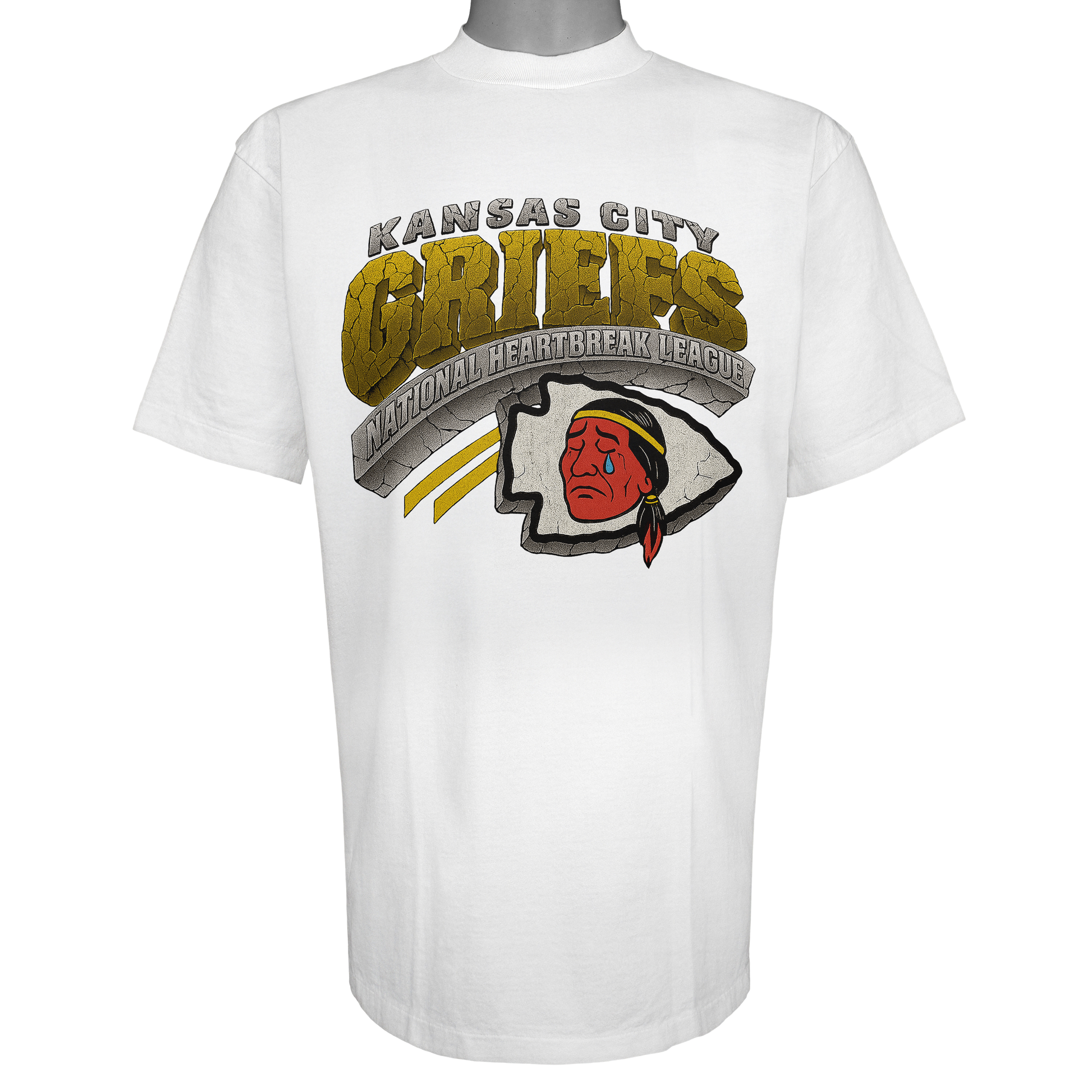 Kansas City Griefs parody t-shirt inspired by Kansas City Chiefs football culture, featuring original "crying" artwork on a Vintage White garment.