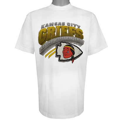 Kansas City Griefs parody t-shirt inspired by Kansas City Chiefs football culture, featuring original "crying" artwork on a Vintage White garment.