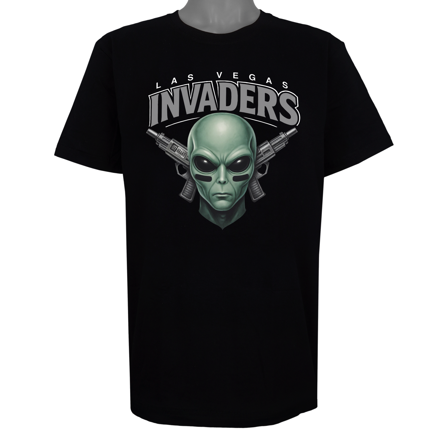 Las Vegas Invaders parody t-shirt inspired by Las Vegas football culture, featuring original alien invader artwork on a Basic Black garment.