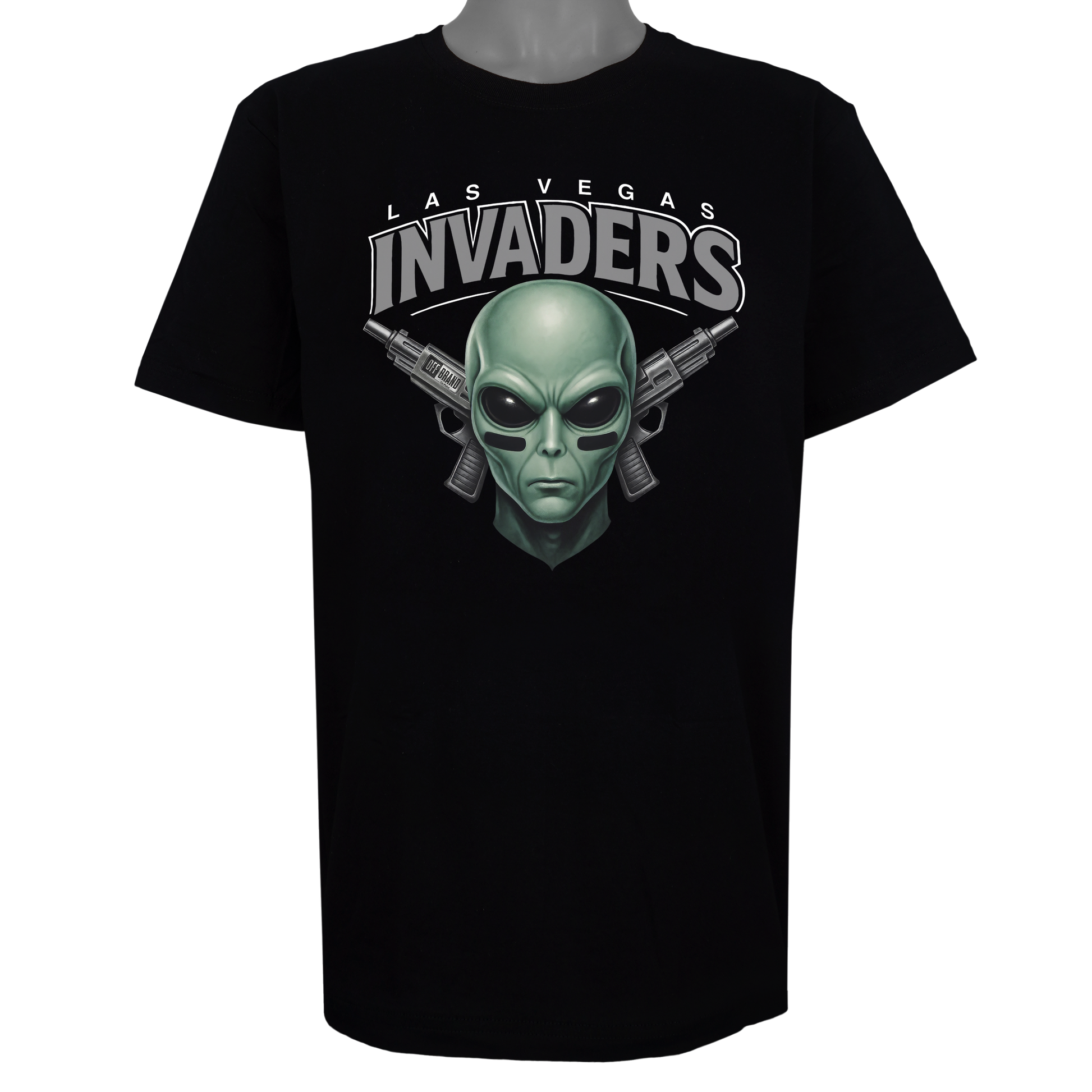 Las Vegas Invaders parody t-shirt inspired by Las Vegas football culture, featuring original alien invader artwork on a Basic Black garment.