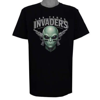 Las Vegas Invaders parody t-shirt inspired by Las Vegas football culture, featuring original alien invader artwork on a Basic Black garment.