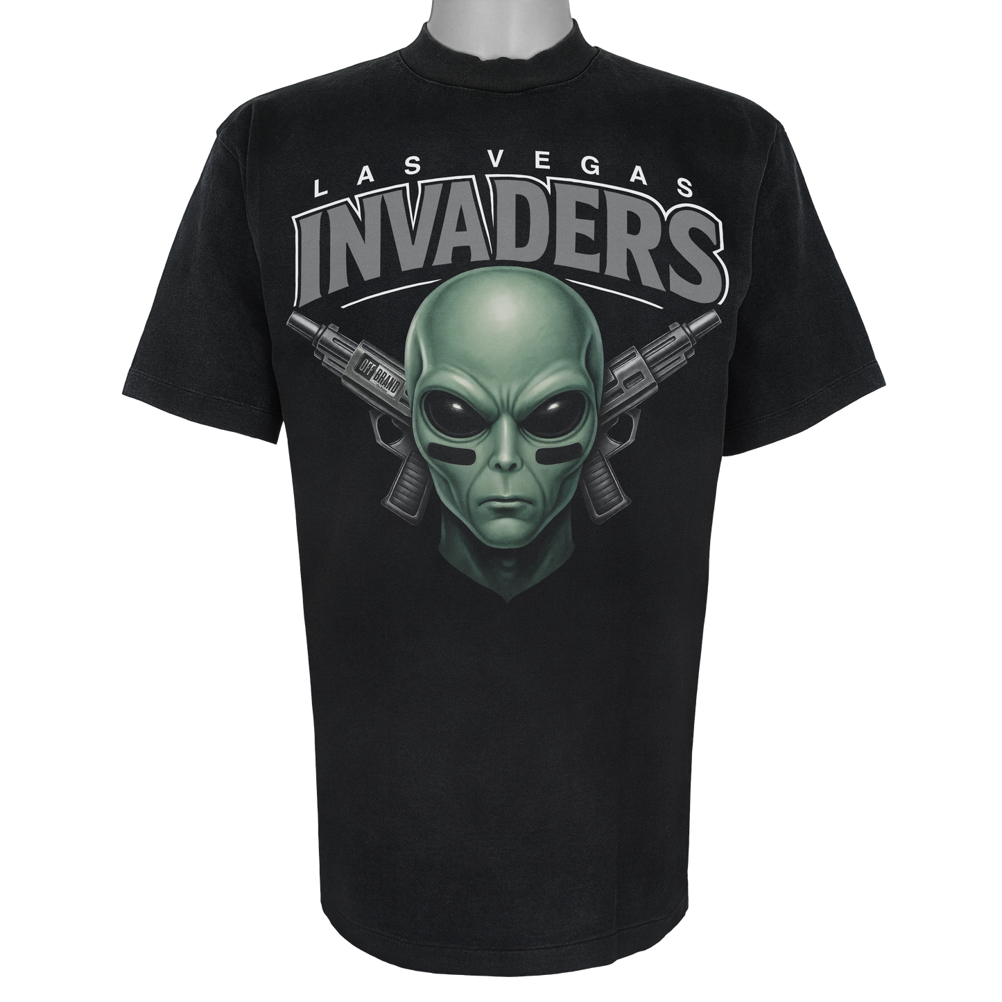 Las Vegas Invaders parody t-shirt inspired by Las Vegas football culture, featuring original alien invader artwork on a Vintage Black garment.