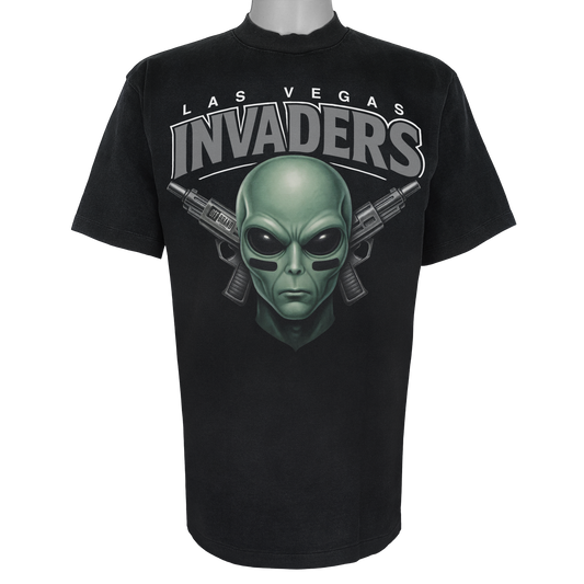 Las Vegas Invaders parody t-shirt inspired by Las Vegas football culture, featuring original alien invader artwork on a Vintage Black garment.