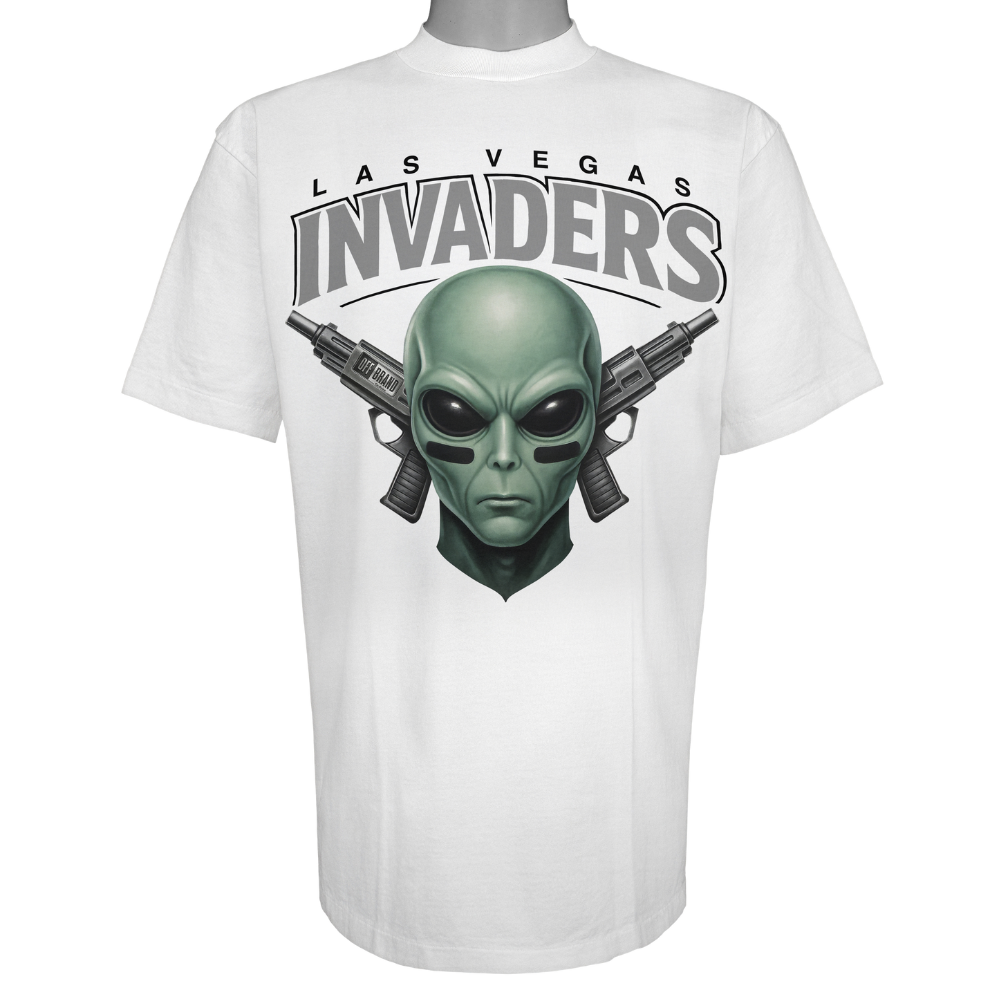 Las Vegas Invaders parody t-shirt inspired by Las Vegas football culture, featuring original alien invader artwork on a Vintage White garment.