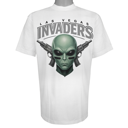 Las Vegas Invaders parody t-shirt inspired by Las Vegas football culture, featuring original alien invader artwork on a Vintage White garment.