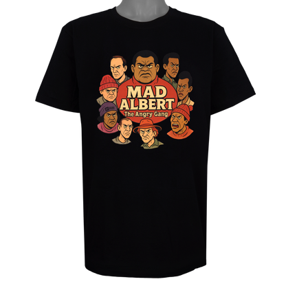Mad Albert and The Angry Gang parody t-shirt featuring a group of gritty, frowning animated characters in a street-style circular graphic on a Basic Black garment.