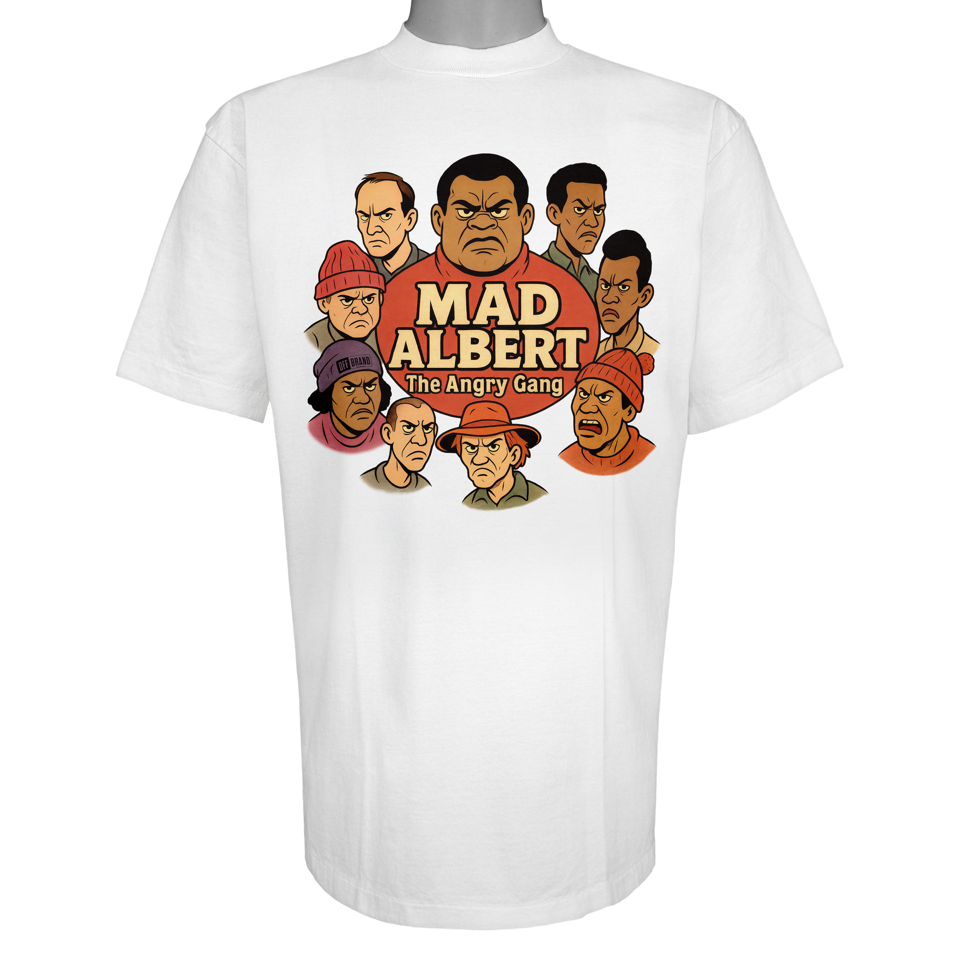 Mad Albert and The Angry Gang parody t-shirt featuring a group of gritty, frowning animated characters in a street-style circular graphic on a Vintage White garment.