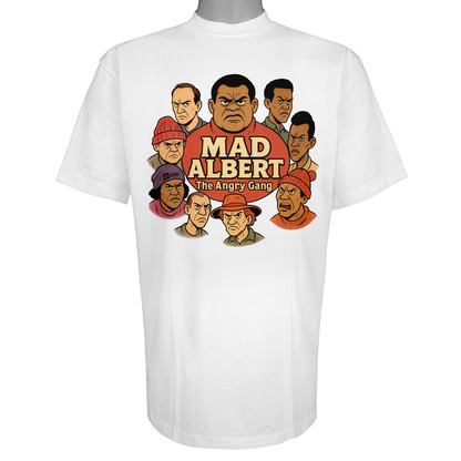 Mad Albert and The Angry Gang parody t-shirt featuring a group of gritty, frowning animated characters in a street-style circular graphic on a Vintage White garment.