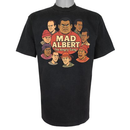 Mad Albert and The Angry Gang parody t-shirt featuring a group of gritty, frowning animated characters in a street-style circular graphic on a Vintage Black garment.