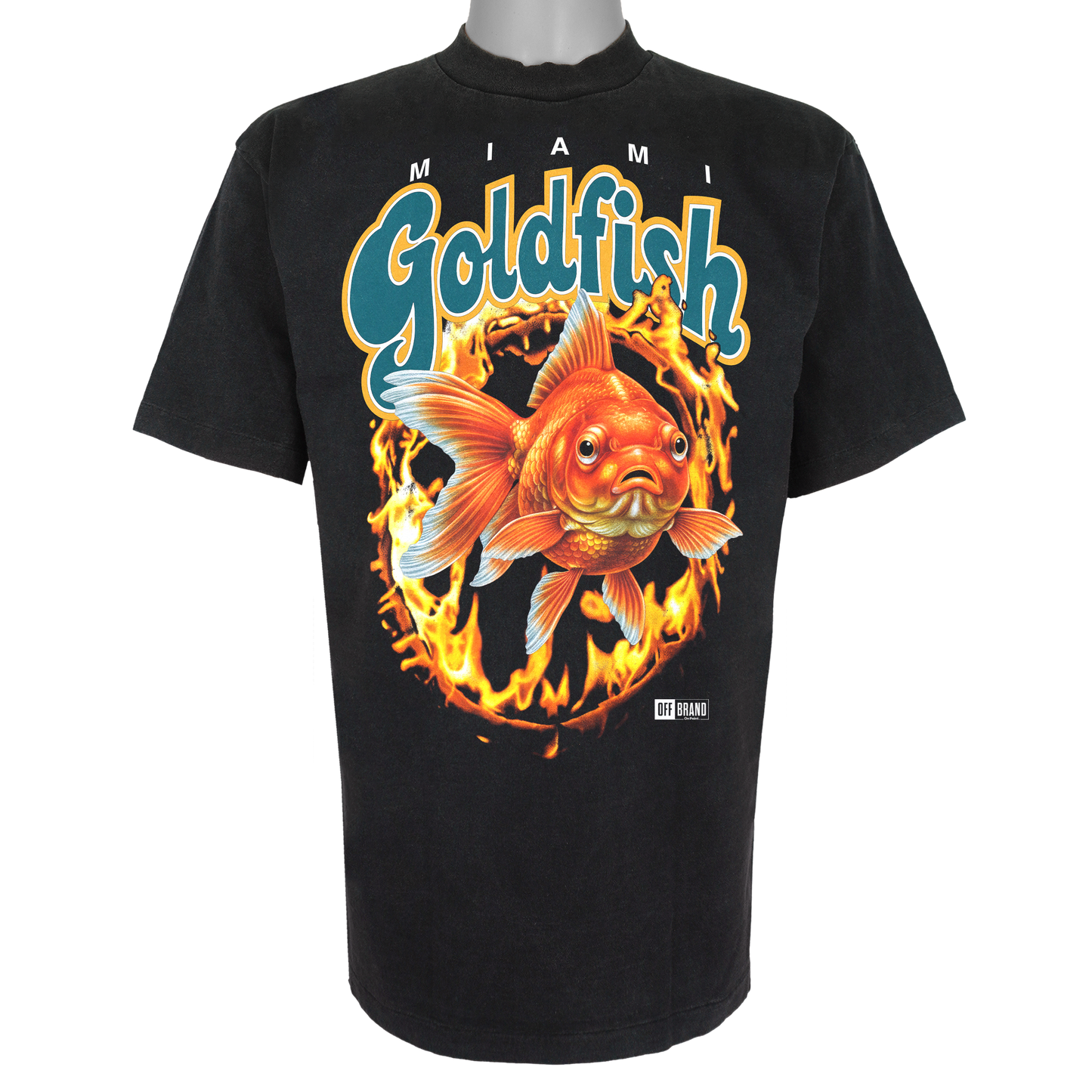 Miami Goldfish parody t-shirt inspired by Miami football culture, featuring original flaming goldfish artwork on a Vintage Black garment.