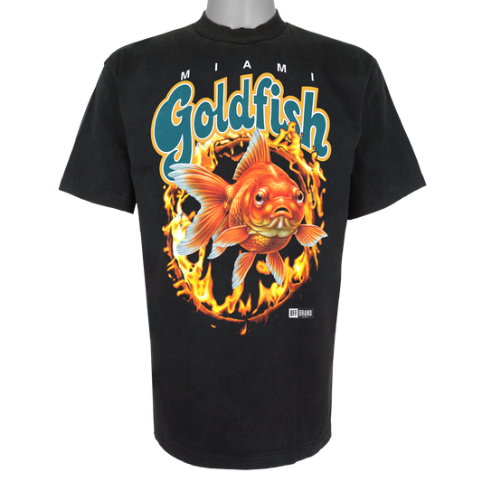 Miami Goldfish parody t-shirt inspired by Miami football culture, featuring original flaming goldfish artwork on a Vintage Black garment.