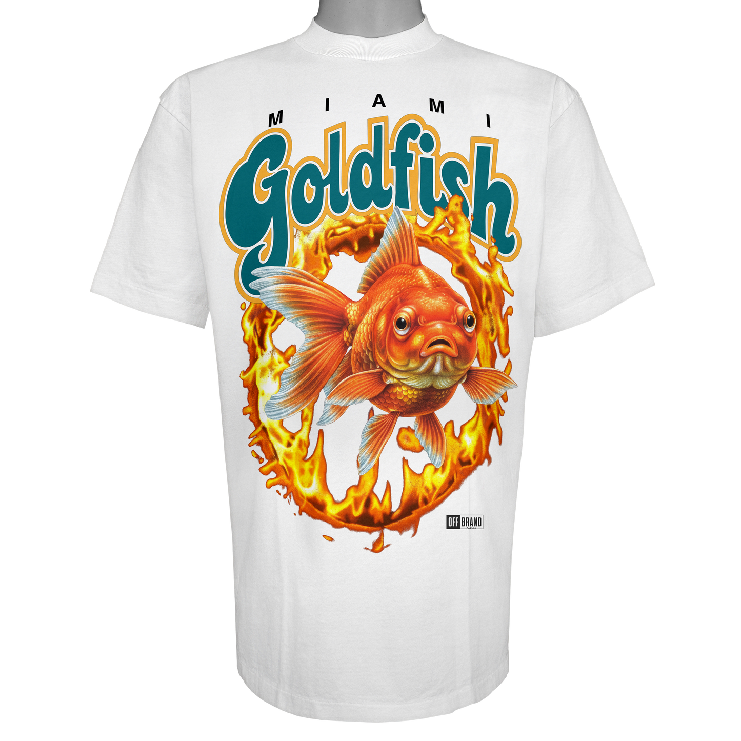 Miami Goldfish parody t-shirt inspired by Miami football culture, featuring original flaming goldfish artwork on a Vintage White garment.