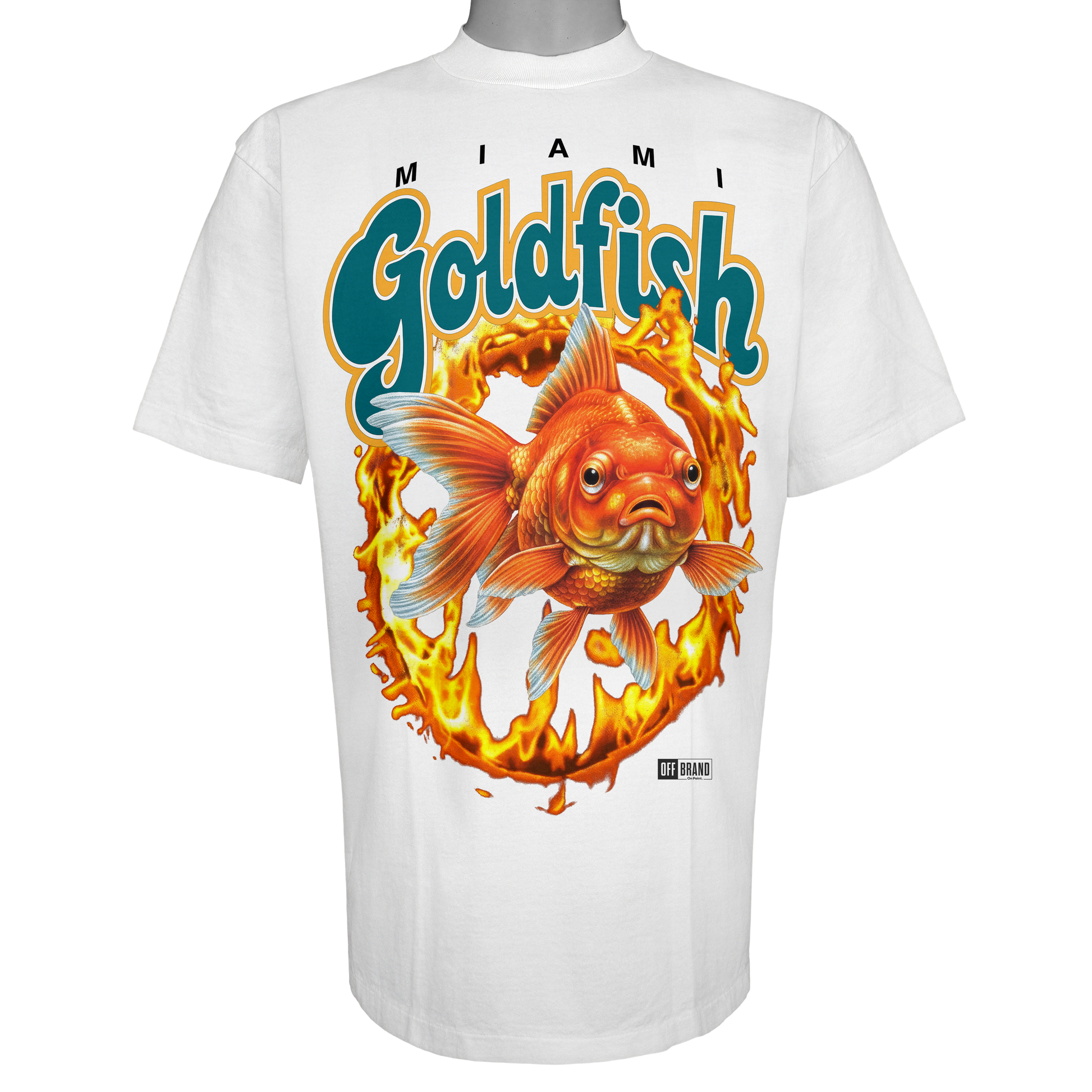 Miami Goldfish parody t-shirt inspired by Miami football culture, featuring original flaming goldfish artwork on a Vintage White garment.