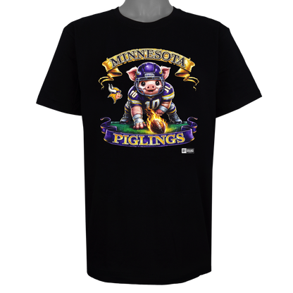 Minnesota Piglings parody t-shirt featuring a helmeted piglet in purple and gold on a Basic Black garment.