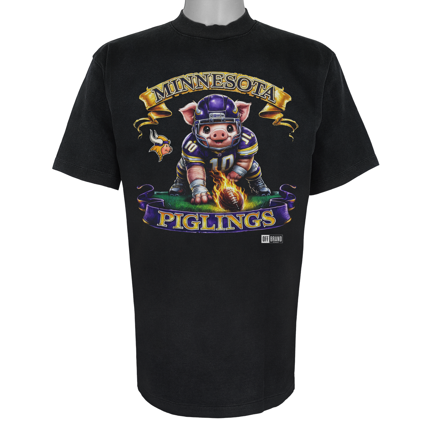 Minnesota Piglings parody t-shirt featuring a helmeted piglet in purple and gold on a Vintage Black garment.