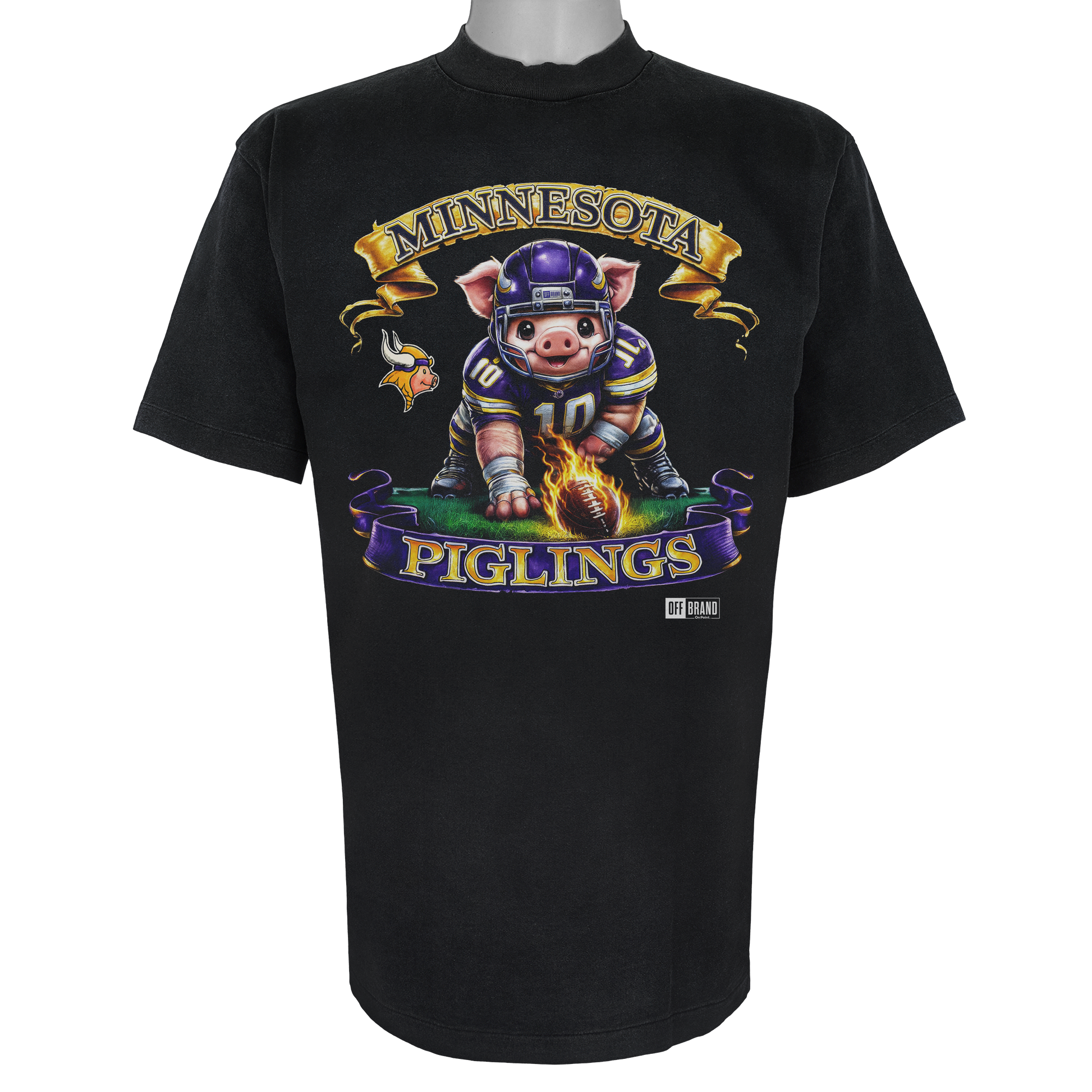 Minnesota Piglings parody t-shirt featuring a helmeted piglet in purple and gold on a Vintage Black garment.