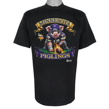 Minnesota Piglings parody t-shirt featuring a helmeted piglet in purple and gold on a Vintage Black garment.