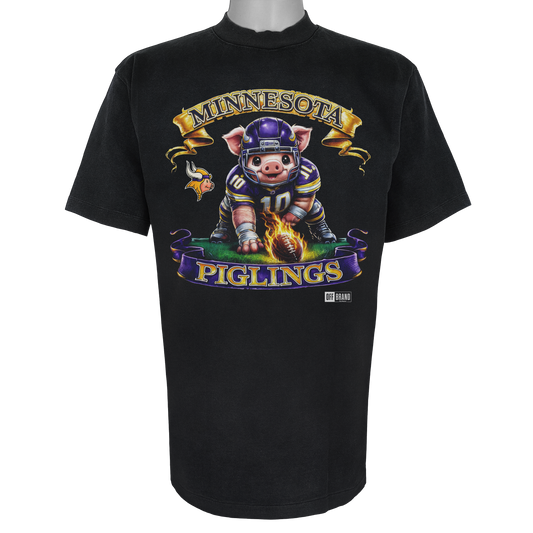 Minnesota Piglings parody t-shirt featuring a helmeted piglet in purple and gold on a Vintage Black garment.