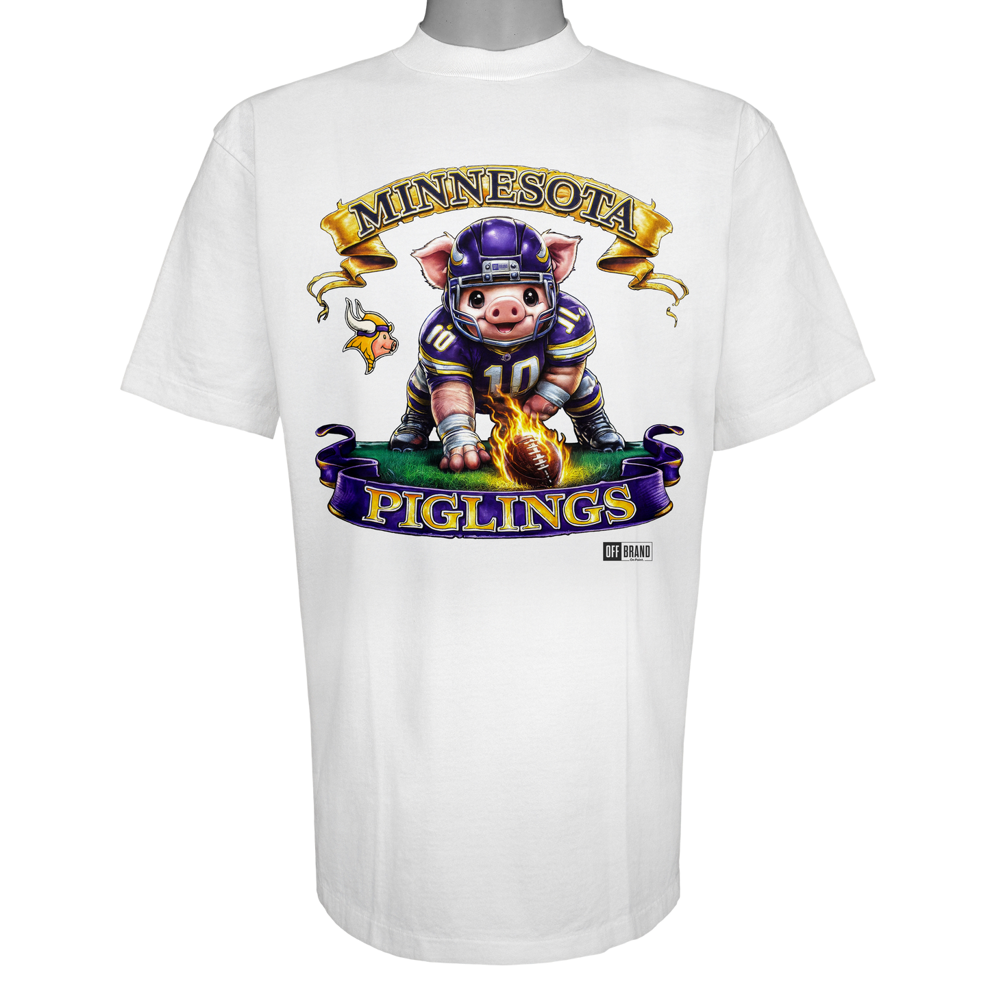 Minnesota Piglings parody t-shirt featuring a helmeted piglet in purple and gold on a Vintage White garment.