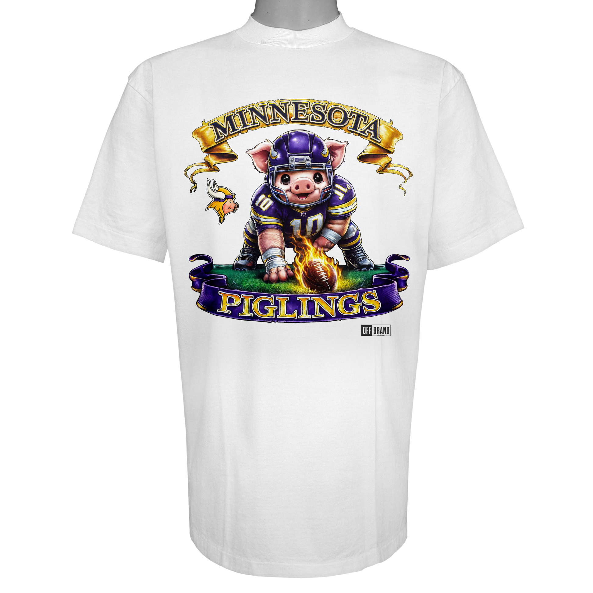 Minnesota Piglings parody t-shirt featuring a helmeted piglet in purple and gold on a Vintage White garment.