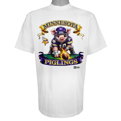 Minnesota Piglings parody t-shirt featuring a helmeted piglet in purple and gold on a Vintage White garment.