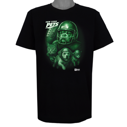 New York Pets parody t-shirt inspired by New York football culture, featuring original helmeted domestic animal artwork on a Basic Black garment.