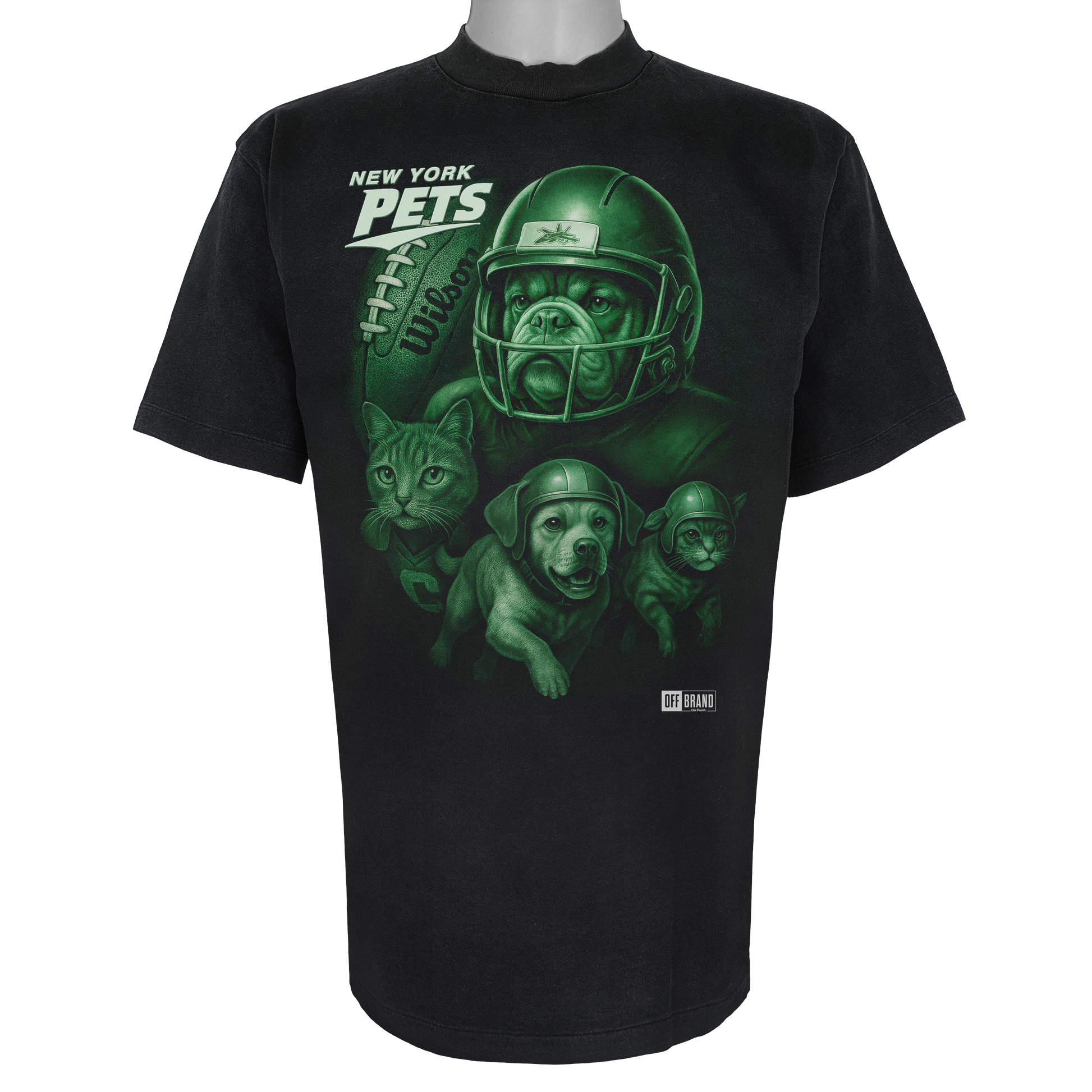 New York Pets parody t-shirt inspired by New York football culture, featuring original helmeted domestic animal artwork on a Vintage Black garment.