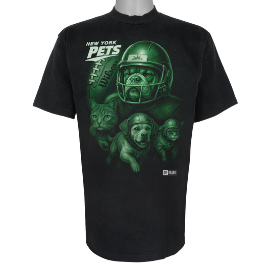 New York Pets parody t-shirt inspired by New York football culture, featuring original helmeted domestic animal artwork on a Vintage Black garment.