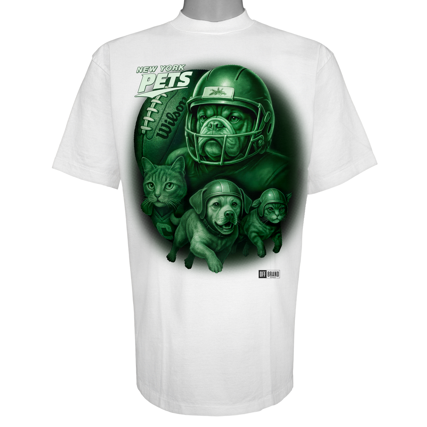 New York Pets parody t-shirt inspired by New York football culture, featuring original helmeted domestic animal artwork on a Vintage White garment.