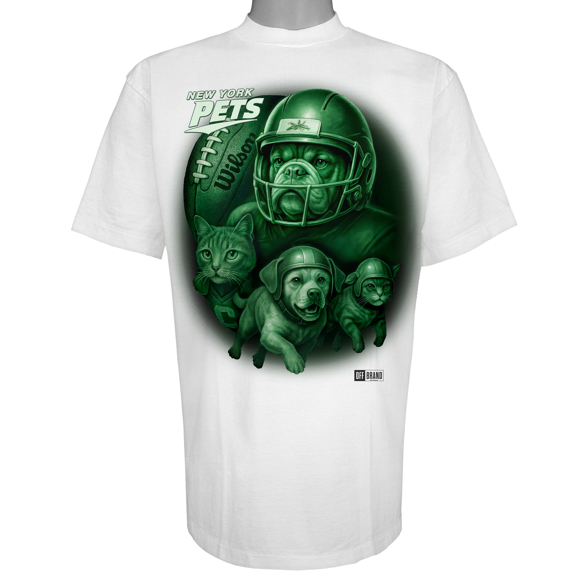 New York Pets parody t-shirt inspired by New York football culture, featuring original helmeted domestic animal artwork on a Vintage White garment.