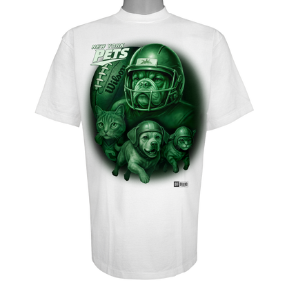 New York Pets parody t-shirt inspired by New York football culture, featuring original helmeted domestic animal artwork on a Vintage White garment.