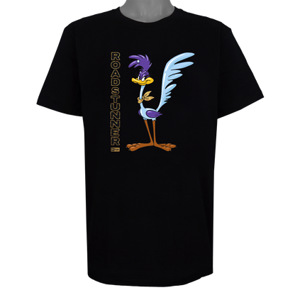 Roadstunner t-shirt featuring a stylized purple and blue bird with a gold bandana and vertical gold lettering on a Basic Black tee.