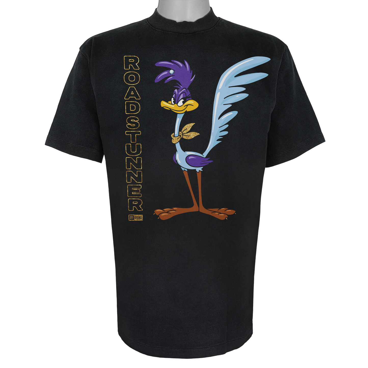 Roadstunner t-shirt featuring a stylized purple and blue bird with a gold bandana and vertical gold lettering on a Vintage Black tee.