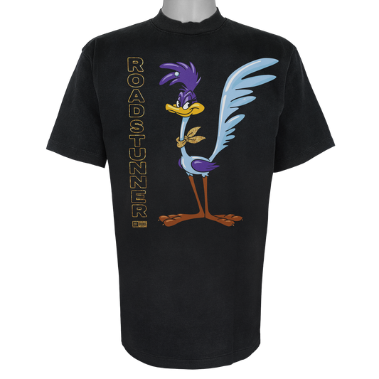 Roadstunner t-shirt featuring a stylized purple and blue bird with a gold bandana and vertical gold lettering on a Vintage Black tee.