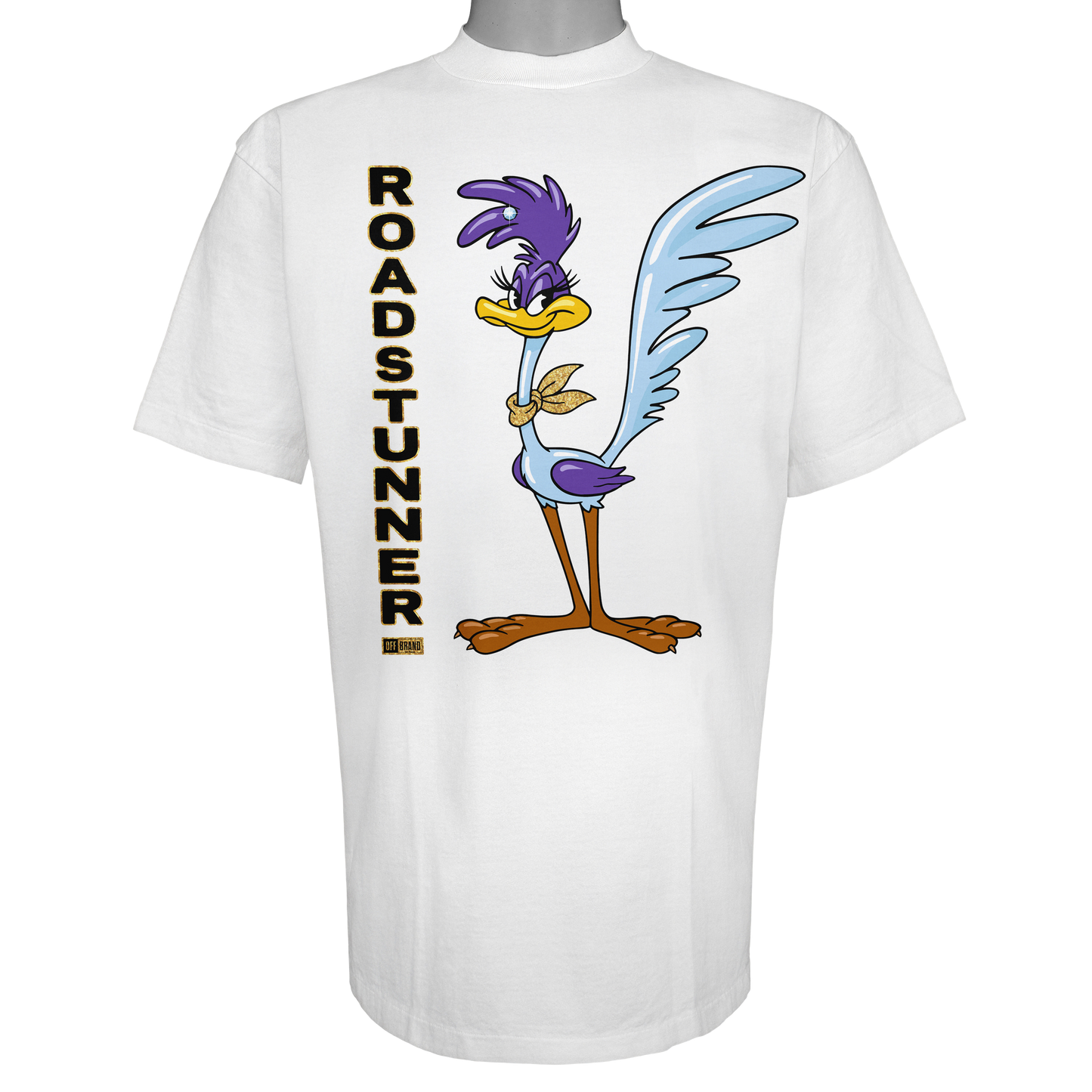 Roadstunner t-shirt featuring a stylized purple and blue bird with a gold bandana and vertical gold lettering on a Vintage White tee.