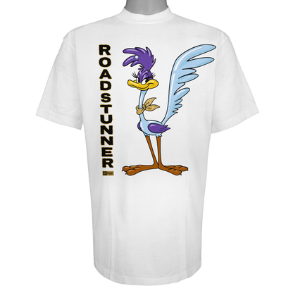 Roadstunner t-shirt featuring a stylized purple and blue bird with a gold bandana and vertical gold lettering on a Vintage White tee.